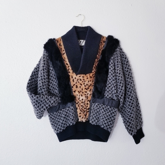 TRUTUS BIANCARA By Monobaik | Rare 90s Fur & Leather Vintage Sweater S / M - Picture 1 of 15